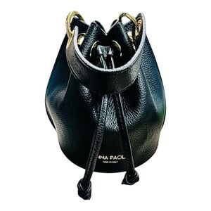 Anna Paola Black Pebbled Leather Small Drawstring Bucket Bag